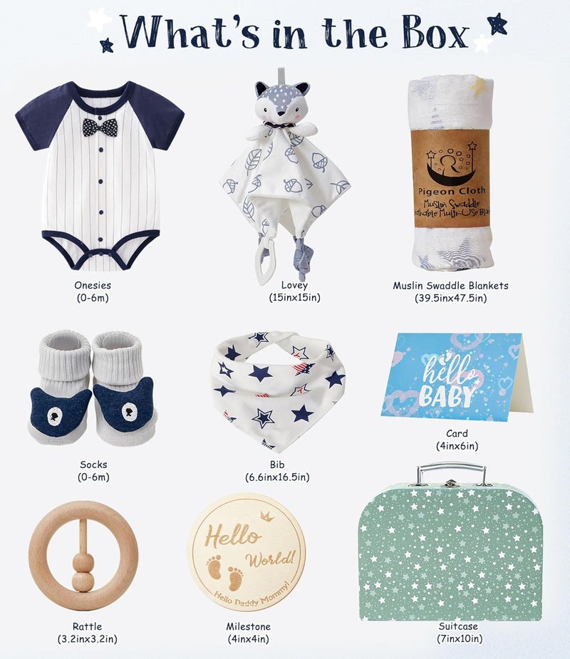 Golray Baby Boy Gifts for Baby Shower, 9pcs Newborn Essential with Fox Lovey/Blanket/Onesie/Wooden Rattle/Socks/Bib/Suitcase, Welcome Baby Gift Box Gender Reveal Infant Boy Gift Basket Set 0-6 Month - Image 5